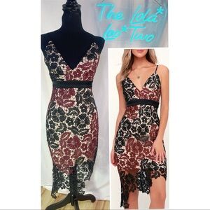 NWT Bardot EVE Black and Burgundy Lace Nude Illusion Asymmetrical Bodycon Dress